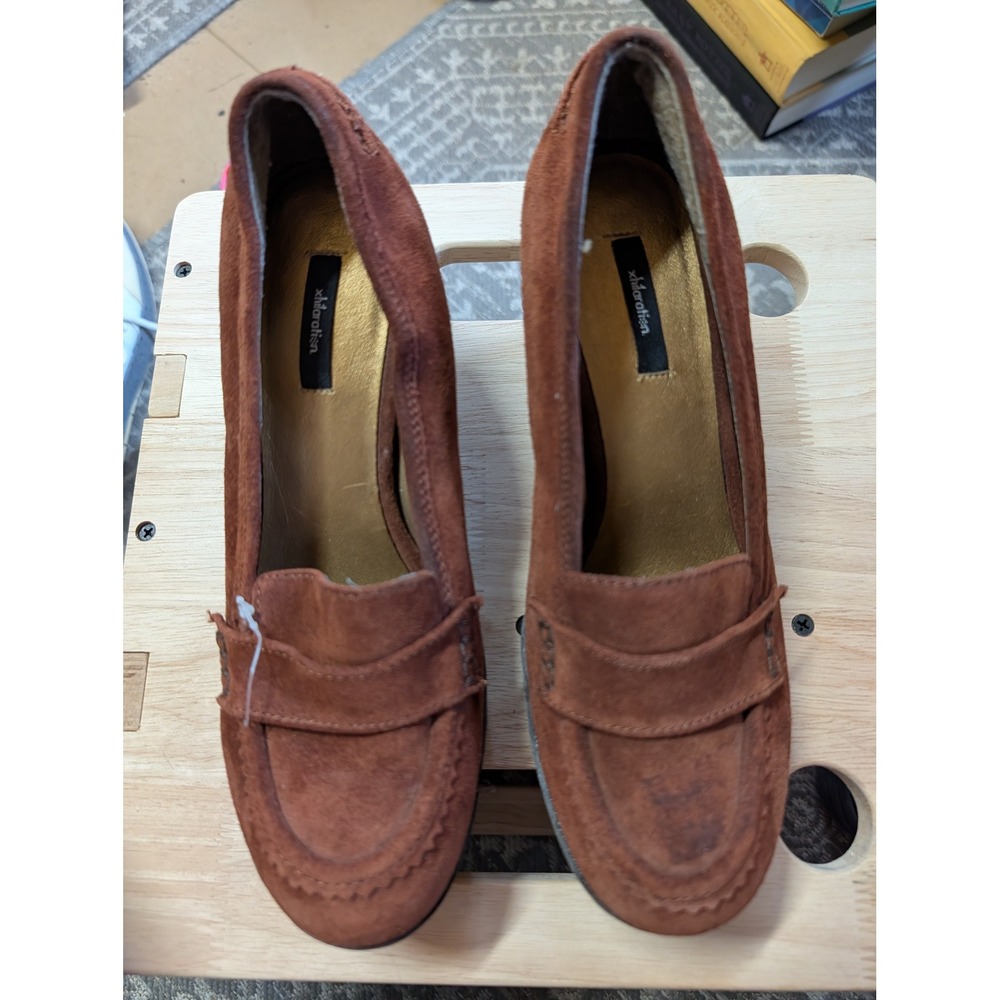 Xhilaration Womens Rust Brown Faux Suede Penny Loafer Platform Wedge Shoes 8.5